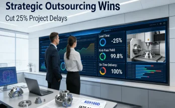 A project leader and supply chain manager in a modern operations center analyze a dashboard showing 25% lead time reduction and 99.8% first-pass yield, with a live CNC machine feed and quality certifications, visualizing the power of strategic outsourcing.